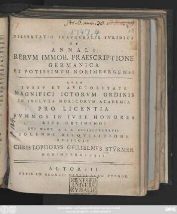 Dissertatio Inavgvralis Ivridica De Annali Rervm Immob. Praescriptione Germanica Et Potissimvm Norimbergensi