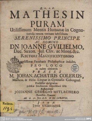 Mathesin Puram Utilissimum Mentis Humanae in Cognoscenda rerum veritate subsidium