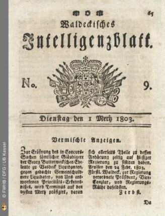 No. 9. Dienstag den 1 Mertz 1803