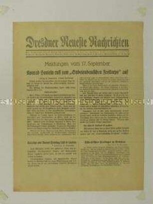 Nachrichtenblatt der "Dresdner Neueste Nachrichten" u.a. zur geplanten Bildung eines "Sudetendeutschen Freikorps"