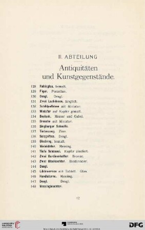 II. Abteilung. Antiquitäten und Kunstgegenstände (Nr. 128-742)