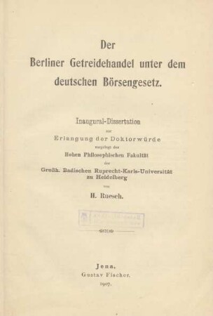 Der Berliner Getreidehandel unter dem deutschen Börsengesetz
