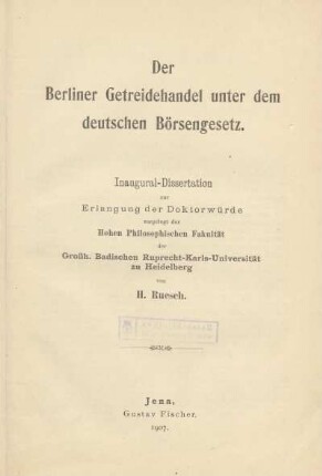 Der Berliner Getreidehandel unter dem deutschen Börsengesetz