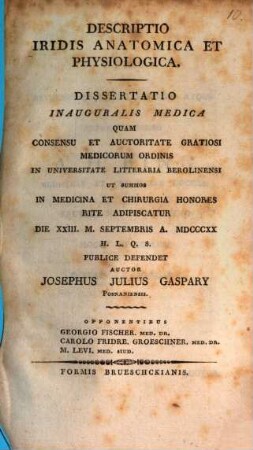 Descriptio iridis anatomica et physiologica : Diss. inaug. med.