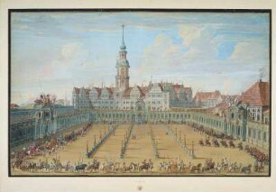 Aufzug der Wagen und Reiter zum Ringrennen der Damen am 6. Juni 1709 ( im hölzernen Amphitheater in Dresden) : Aufzug der Wagen und Reiter zum Ringrennen der Damen am 6. Juni 1709 (im hölzernen Amphitheater in Dresden) Deckfarben; 585 x 916 mm. 1710