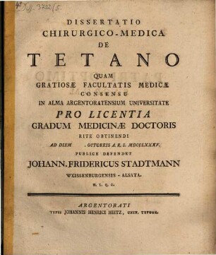 Diss. chir. med. inaug. de tetano
