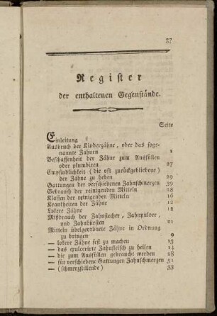 Register der enthaltenen Gegenstände.