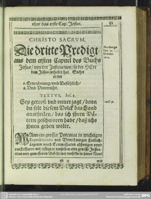 [Die dritte Predigt, uber das erste Cap. Josuae]. Die dritte Predigt, aus dem ersten Capitel des Buchs Josuae, von der Instruction, so der HErr dem Josuae ertheilet hat