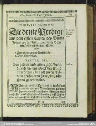 [Die dritte Predigt, uber das erste Cap. Josuae]. Die dritte Predigt, aus dem ersten Capitel des Buchs Josuae, von der Instruction, so der HErr dem Josuae ertheilet hat