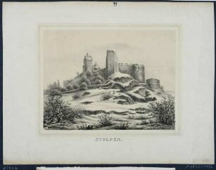 Die Burgruine Stolpen in der Sächsischen Schweiz auf den Basaltfelsen von Westen im Schnee, von links Seigerturm, Ruinen des Siebenspitzenturmes und des Kapitelsturmes, aus Album der Rittergüter und Schlösser im Königreiche Sachsen