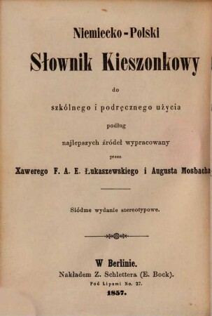 Polnisch-deutsches Taschen-Wörterbuch : zum Schul- und Handgebrauch, 2