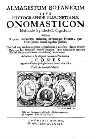 Almagestum Botanicum sive Phytographiae Pluc'netianae Onomasticon Methodo Syntheticâ digestum
