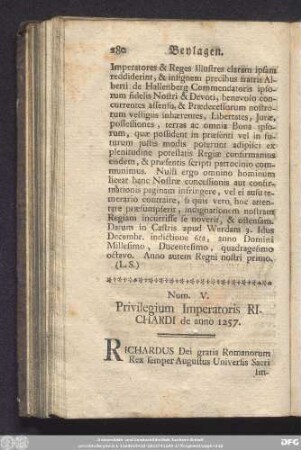 Num. V. Privilegium Imperatoris Richardi de anno 1257.