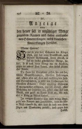 IV. Anzeige von den heuer sich in unzähliger Menge zeigenden Raupen und daher entstandenen Schmetterlingen; nebst dienlichen Anmerkungen hierüber.