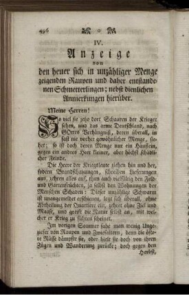 IV. Anzeige von den heuer sich in unzähliger Menge zeigenden Raupen und daher entstandenen Schmetterlingen; nebst dienlichen Anmerkungen hierüber.
