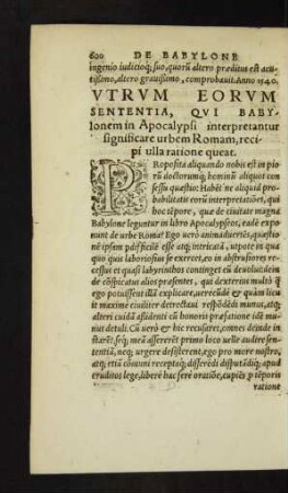 Utrum Eorum Sententia, Qui Babylonem in Apocalypsi interpretantur significare urbem Romam, recipi ulla ratione queat.