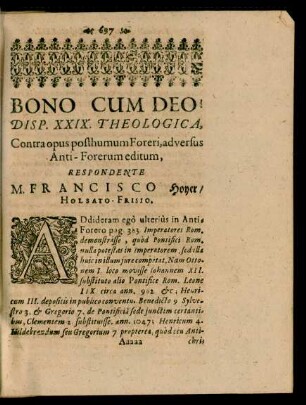 Disp. XXIX. Theologica, ... Respondente M. Francisco Hoyer/ Holsato-Frisio.