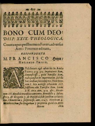 Disp. XXIX. Theologica, ... Respondente M. Francisco Hoyer/ Holsato-Frisio.