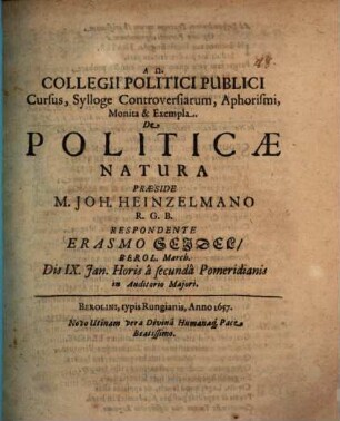 Collegii politici publici cursus ... de politicae natura