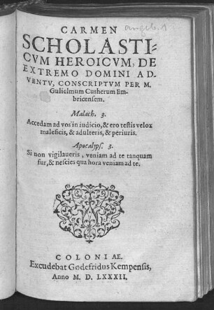 Carmen scholasticum heroicum, De extremo Domini adventu