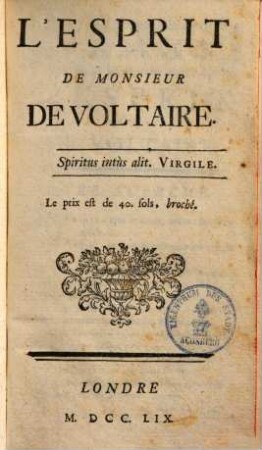 L' Esprit De Monsieur De Voltaire
