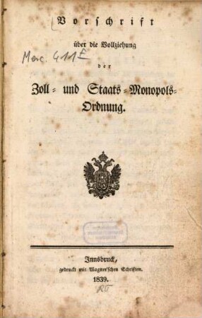 Vorschrift über die Vollziehung der Zoll- und Staats-Monopols-Ordnung