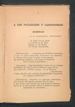 A los Payadores y Cancioneros : Homenaje. - Al Dr. Martiniano Leguizamón.
