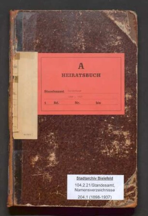 Namensverzeichnis zum Heiratsregister Gadderbaum, 1898-1937
