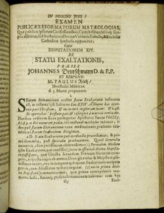 Disputationem XIV. De Statu Exaltationis