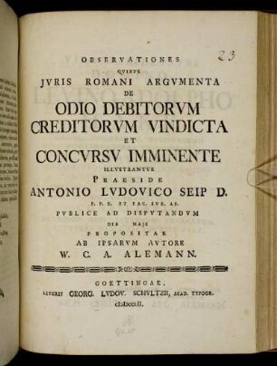 Observationes Qvibvs Jvris Romani Argvmenta De Odio Debitorvm Creditorvm Vindicta Et Concvrsv Imminente Illvstrantur