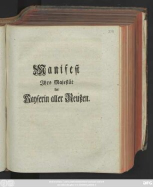 Manifest Jhro Majestät der Kayserin aller Reußen : [Gegeben im Hauptquartier den April. Ao. 1757.]