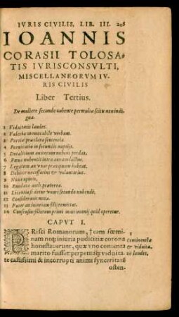Ioannis Corasii Tolosatis Iurisconsulti, Miscellaneorum Iuris Civilis Liber Tertius.
