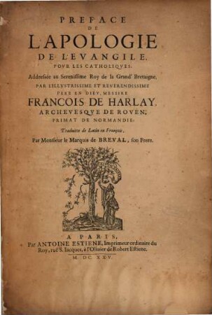 Préface de l'apologie de l'évangile pour les Catholiques ...