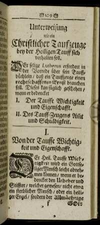 Unterweisung wie ein Christlicher Taufzeuge bey der Heiligen Tauff sich verhalten soll.
