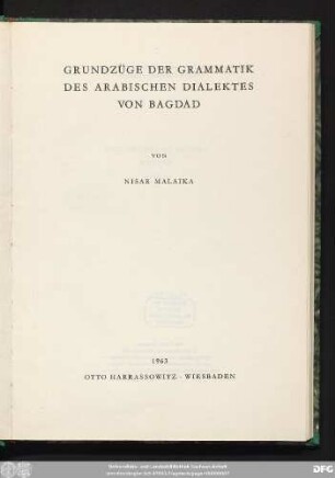 Grundzüge der Grammatik des arabischen Dialektes von Bagdad