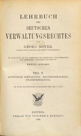 Lehrbuch des deutschen Verwaltungsrechtes, 2. Auswärtige Verwaltung. Militärverwaltung. Finanzverwaltung