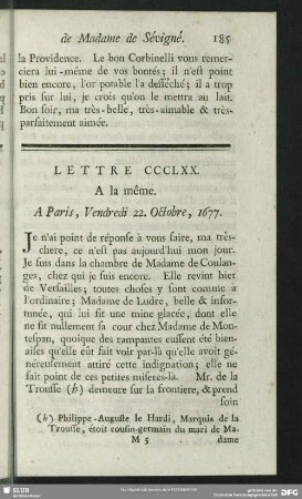 Lettre CCCLXX. A la même. A Paris, Vendredi 22. Octobre, 1677