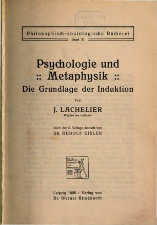 Psychologie und Metaphysik : die Grundlage der Induktion ; nach der 5. Auflage ...