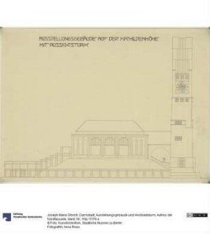 Darmstadt, Ausstellungsgebäude und Hochzeitsturm, Aufriss der Nordfassade