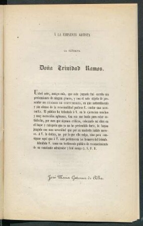 [Dedicatoria] A la eminente artista la señorita Doña Trinidad Ramos