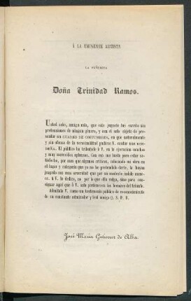 [Dedicatoria] A la eminente artista la señorita Doña Trinidad Ramos