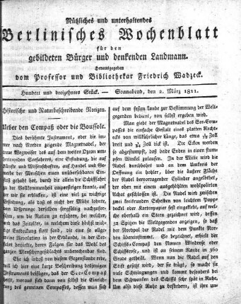 Hundert und dreizehntes Stueck, Sonnabend, den 2. Maerz 1811.