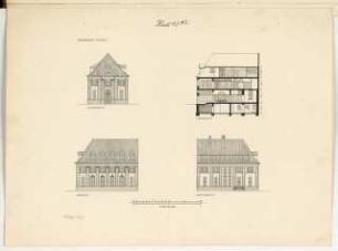 Bankgebäude Monatskonkurrenz Dezember 1916: Aufriss Straßenansicht, Gartenansicht, Seeansicht, Längsschnitt 1:200; Maßstabsleiste