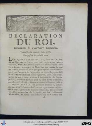 Déclaration Du Roi, Concernant la Procédure Criminelle.