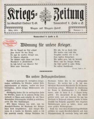 1.1915: Kriegs-Zeitung der Gottfried Lindner A.-G., Wagen und Waggon-Fabrik, Ammendorf b. Halle a. S