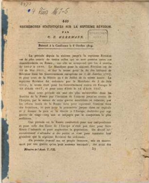Recherches statistiques sur la septième révision : Prés. à la conf. 6 Oct.