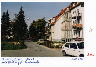 Rückseite der Häuser Hornsche Straße 11 - 15. mit Blick auf die Baumstraße