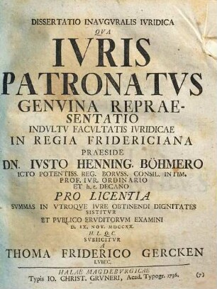 Dissertatio Inavgvralis Ivridica Qva Ivris Patronatvs Genvina Repraesentatio