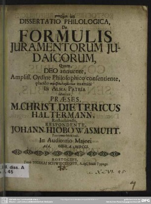 ... Dissertatio Philologica, De Formulis Iuramentorum Iudaicorum