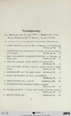 Versteigerung: Nur Mittwoch, den 24. Juni 1931 - Beginn um 3 Uhr (Nr. 1-245)
